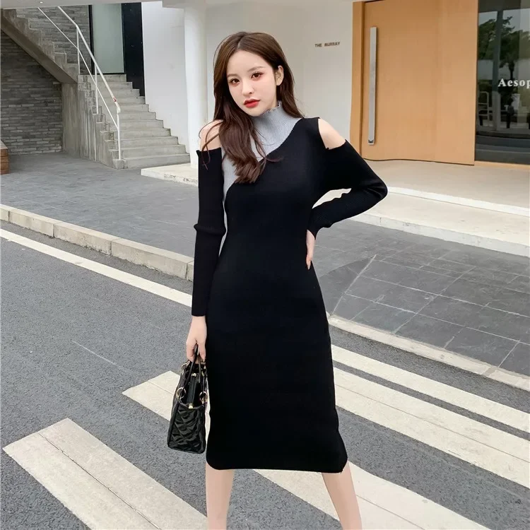 Черно-серое платье с открытыми плечами и длинными рукавами высококачественный