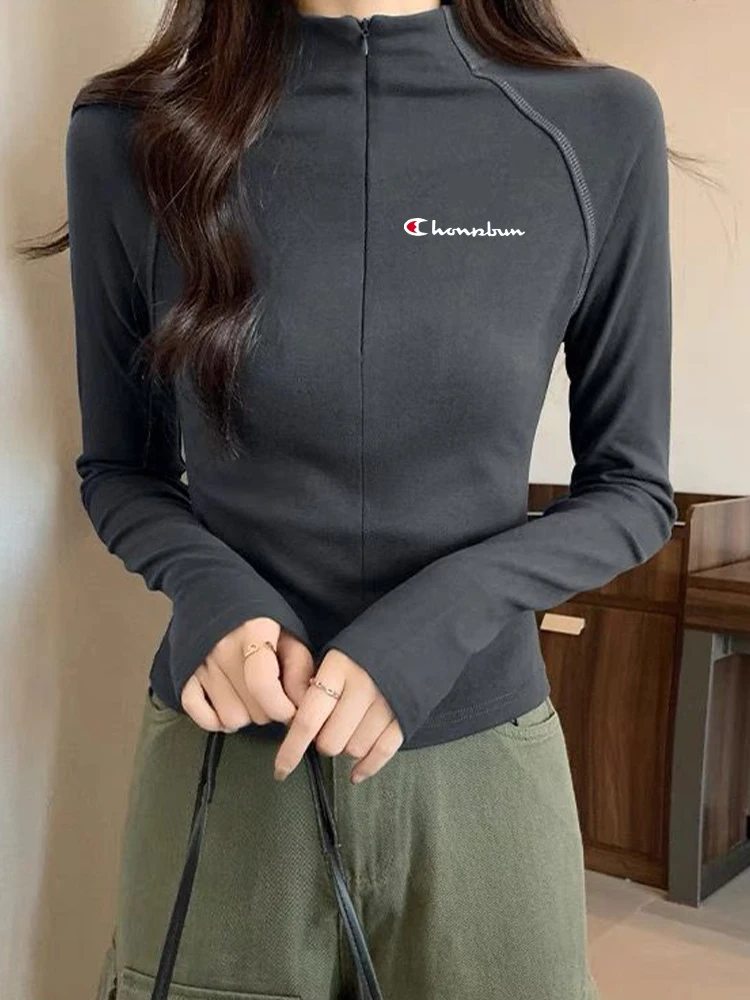 Champion Rainbow 2024 Winter New Zip-up Versatile Dralon Thickened Long sleeve Bottoming Shirt T-shirt Women Inner wear Top