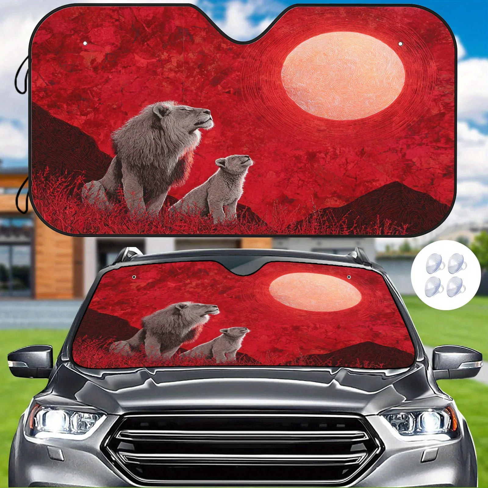 Фото Солнцезащитный козырек для автомобиля Red Moon Lion Shadow, в художественном стиле масляной живописи, с теплоизоляцией и защитой от солнца, сохраняет прохладу в салоне автомобиля. №1