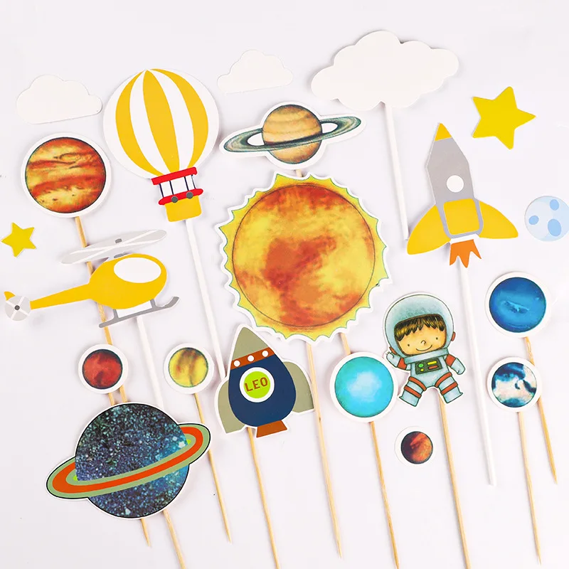 

Outer Space Theme Party Decoration Astronaut Rocket Cake Topper Birthday Party Cupcake Flag Dessert Table Tag baking Decoration