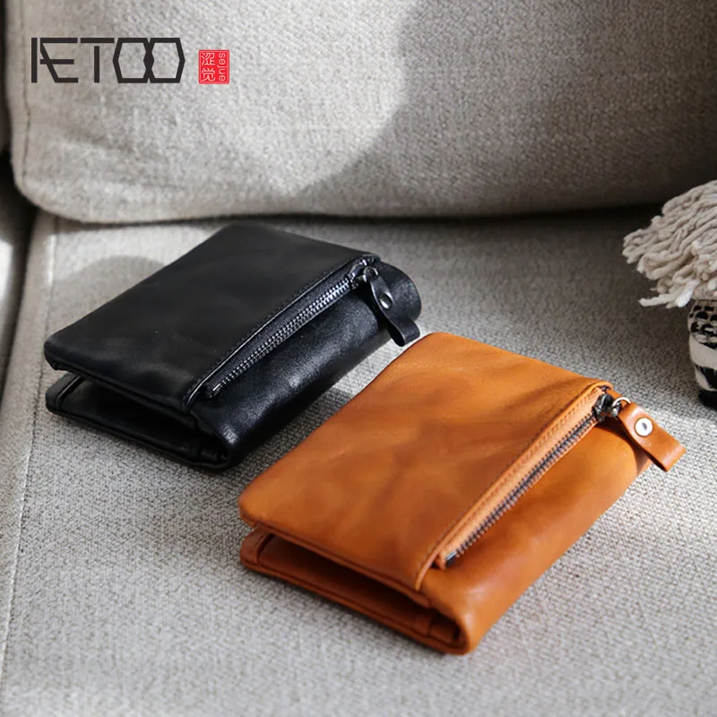 

AETOO Top layer cowhide short wallet for men and women, driving license bag, two-fold leather wallet, coin purse