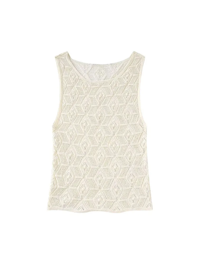 

YLJHQX 2022 Spring Summer Women Fashion Jacquard Mesh Knit Vest Casual Sleeveless O Neck Female Short Slim Pullovers Chic Top