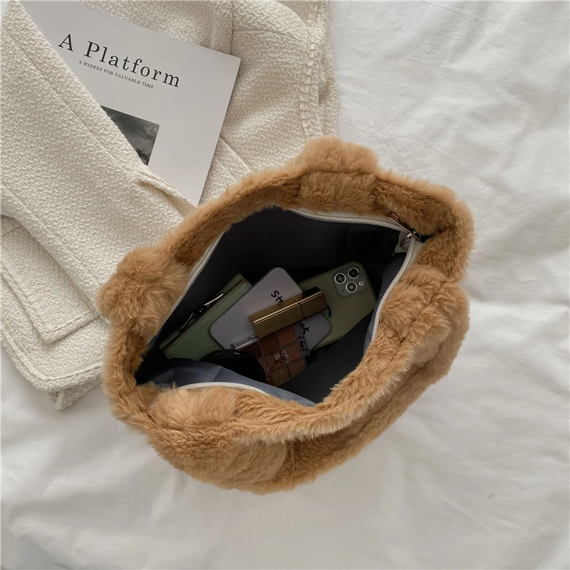 Women winter Plush Tote Bag Fashion Cute Girls Shopping Shoulder Bags Student Leisure Travel Soft Handbags