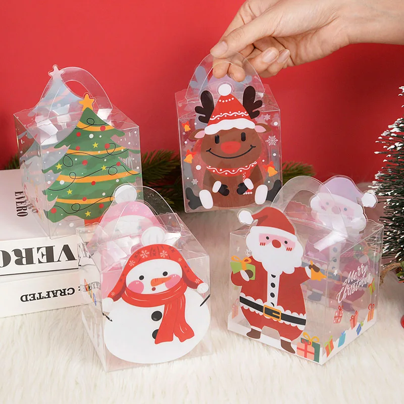 

4pcs Christmas Apple Box Transparent PVC Portable Gift Box Santa Claus Snowman Elk Xma Tree Candy Packaging New Year Party Favor