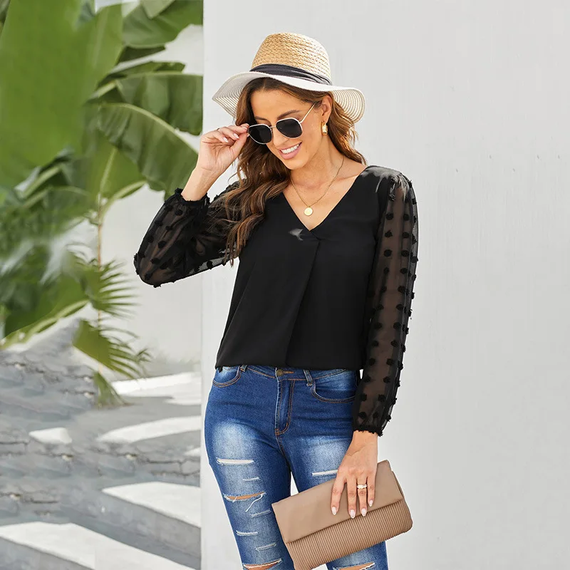 

Women 2022 Chiffon Blouse Summer Lantern Long Sleeve V-neck Shirts & Blouses Elegant Ladies White Blouse Top
