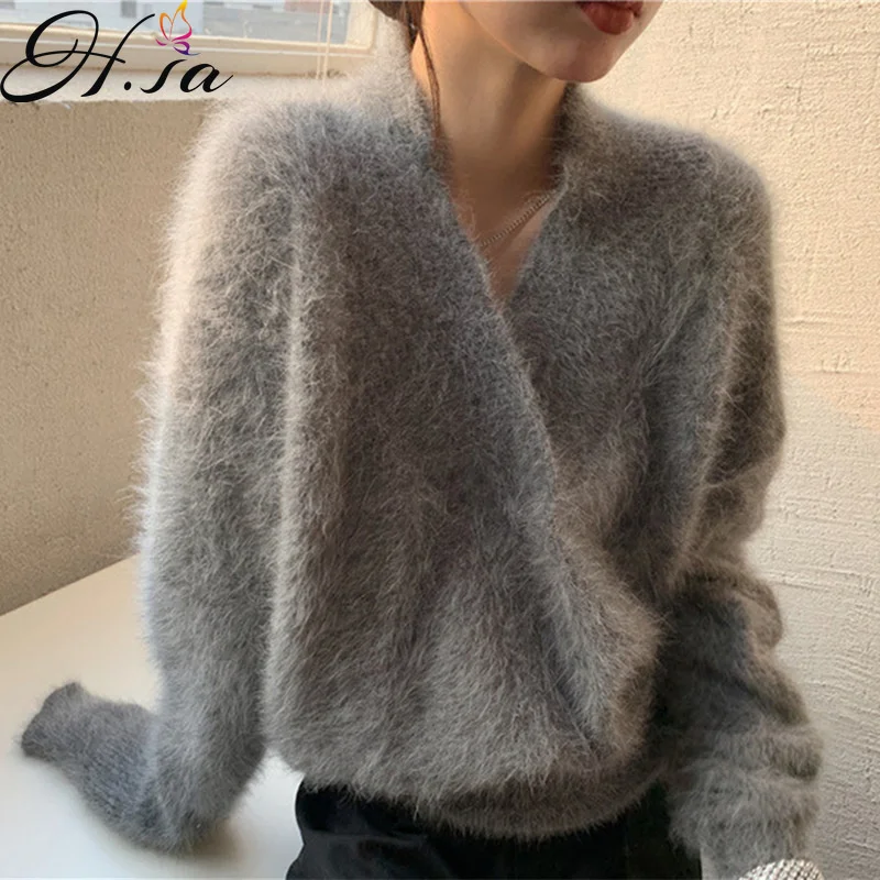 

Hsa 2023 Women Spring Knitwear Sweater Jumpers Mohair V-neck Mink Fur Sweater Pullover Korean Solid Fake Fur Chic Sweater Coat