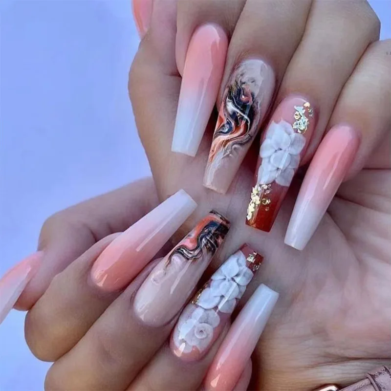

24pc Wearable Fake Nail Chinese Style National Quintessence Serie Gradient Color Dyeing Full Cover Nail Tips Set Press On Nail