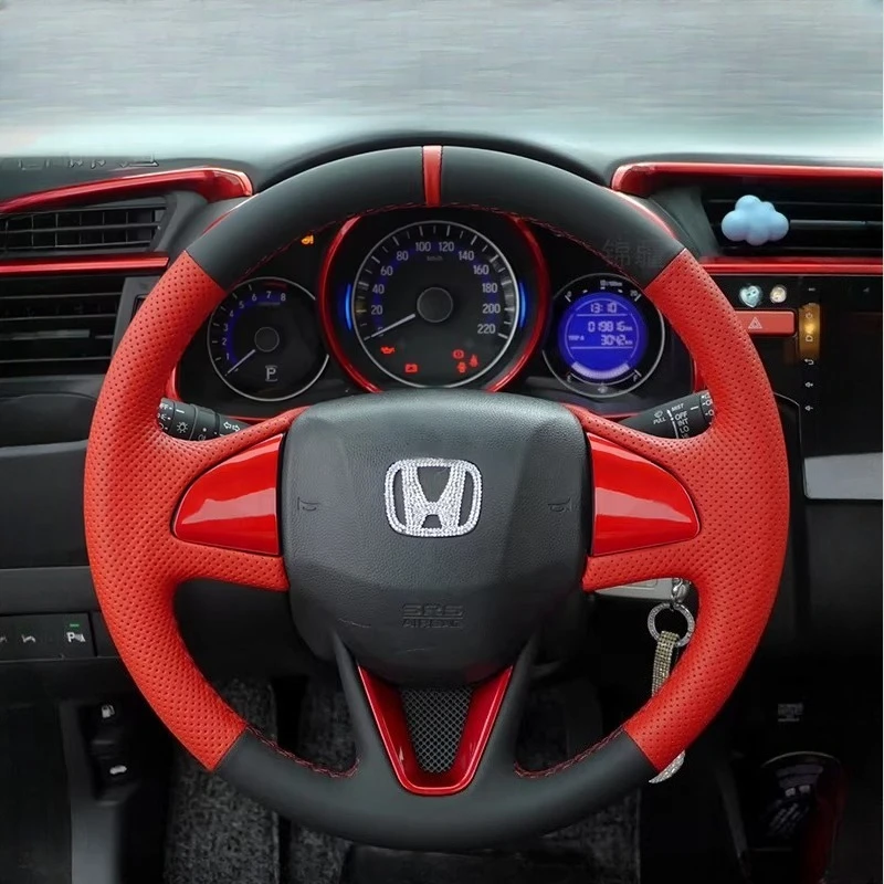 Фото Для Honda Fit City Gania GREIZ 2014-2020 сшитый вручную нескользящий черный красный чехол на руль автомобиля из натуральной кожи №1