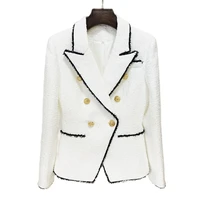 tweed double breasted womens suits blazers metal buttoned slim fit jacket white with black fringe lady coat