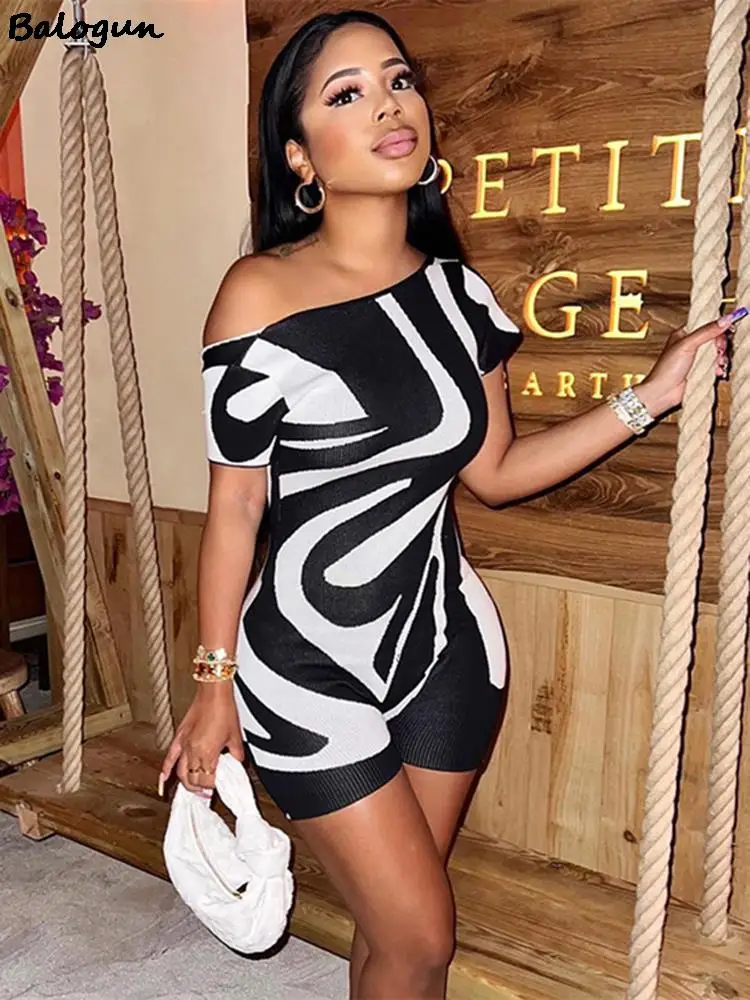

Balogun Summer White Jumpsuit For Women One Piece Party Outfit 2022 Striped Print Short Sleeve Black Romper Women Jumpsuit Short