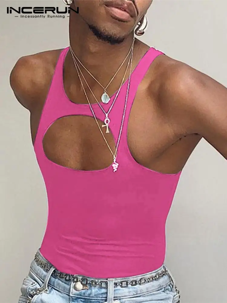 

Майка INCERUN мужская с круглым вырезом, однотонная уличная одежда без рукавов, облегающая ажурная Повседневная Уличная одежда, пикантный модн...