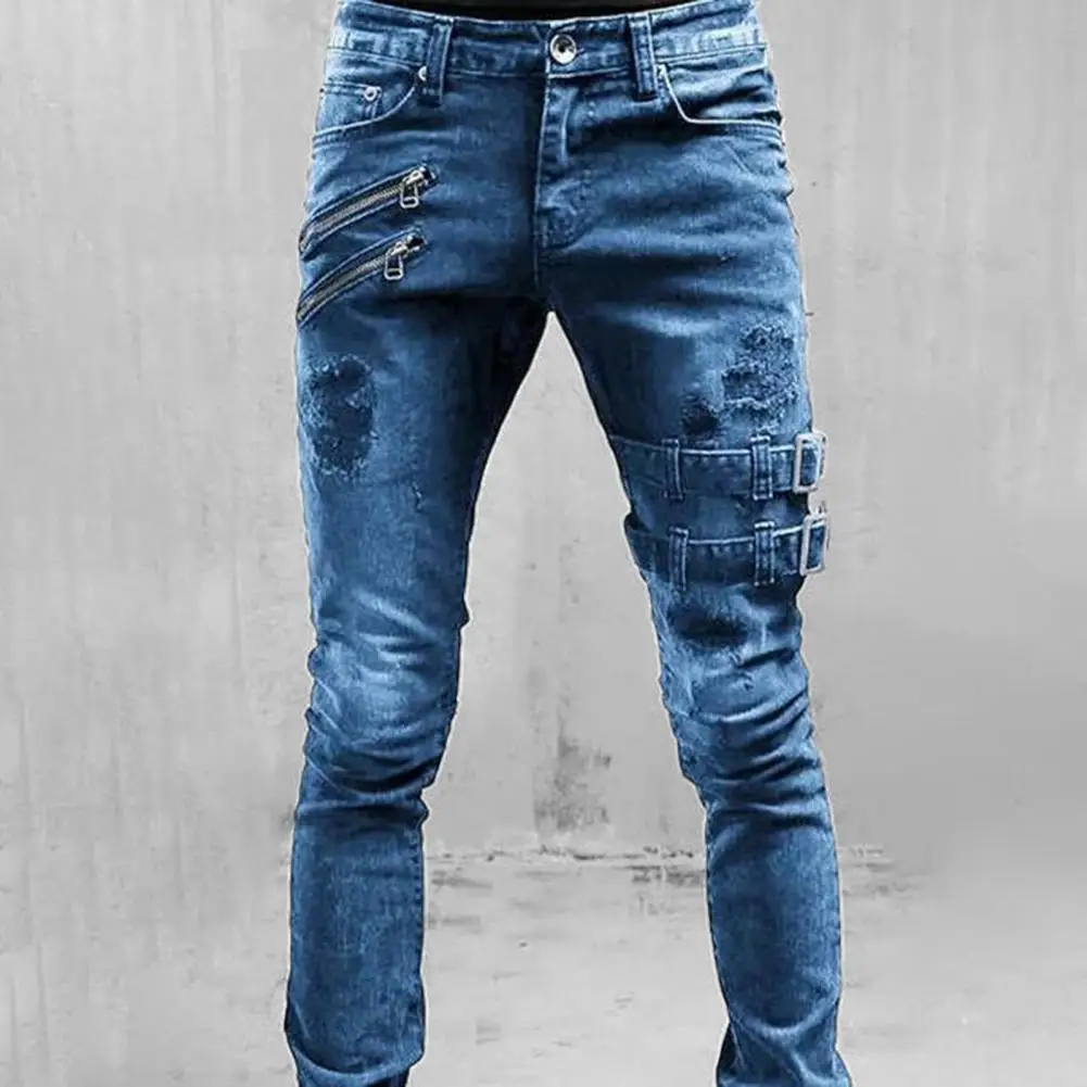 

Spring Summer Boyfriend Jeans Streetwear Skinny Trousers Pocket Side Straps and Zips Male Jogging Pants Destroyed Stretchy Pants