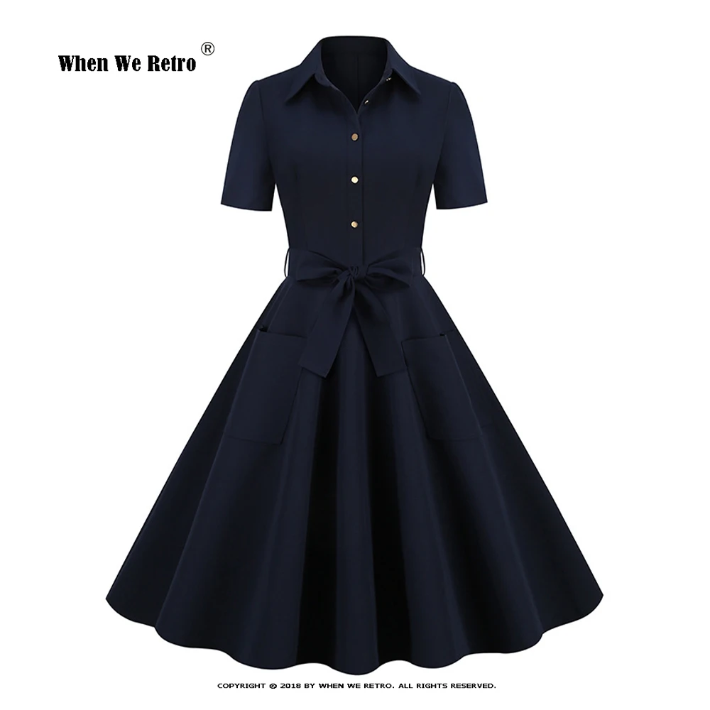 Vintage 50s 60s Robe Women Summer Dress Hepburn 50s 60s Elegant Retro Dress Casual Navy Party Pleated Dresses VD3328