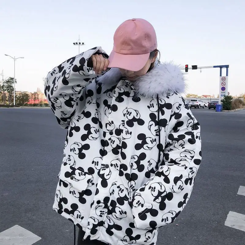 

Disney Mickey Mouse Female Winter Women's Parkas Coats Hooded Fur Collar Thick Section Girl Warm Winter Jackets Snow Coat Jacket