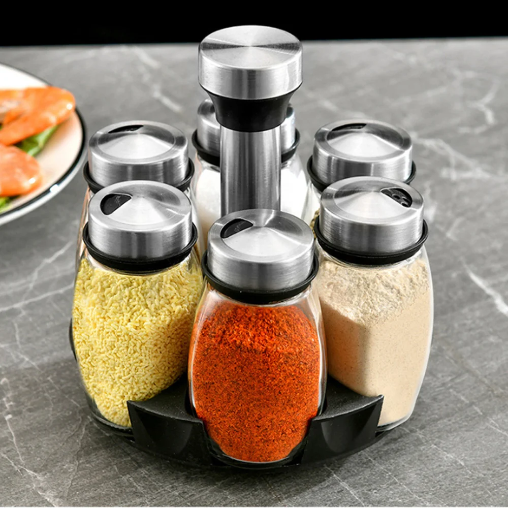

360 Rotating Kitchen Spice Jar Glass Bottle Pepper Sugar salt shaker Seasoning Box Sealed Container Kitchen Storage Rack