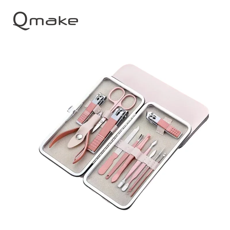 

Qmake 11 PCS set of Nail Manicure Tools Nails toe Clipper Scissors Tweezer pedicure kit professional quality Case for travel