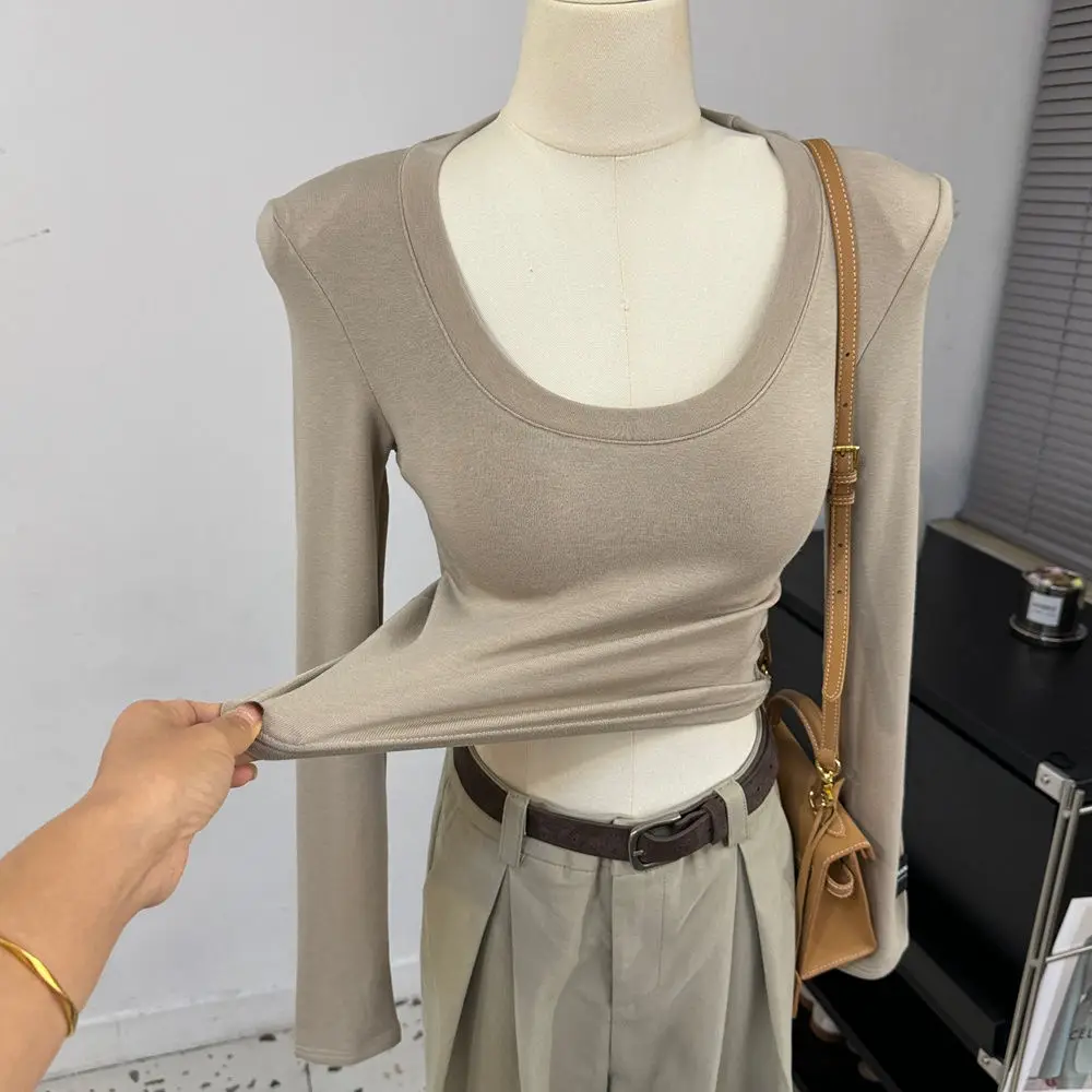 

Wholesale Shoulder Pad Autumn Winter U Neck T Shirts Women Elastic Basic Slim Fleece Lined Tops Solid Long Sleeve Short T Shirt