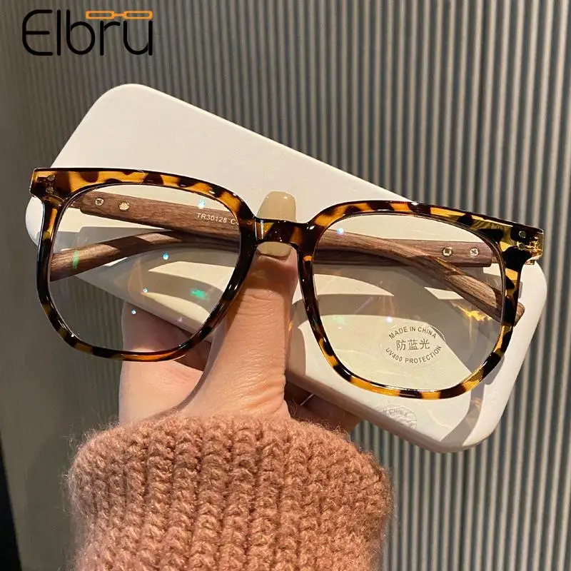 

Elbru Big Frame Anti Blue Light Reading Glasses Universal Sqaure Wood Grain Presbyopia Eyeglasses Women Men Optical Eyewear 0+4