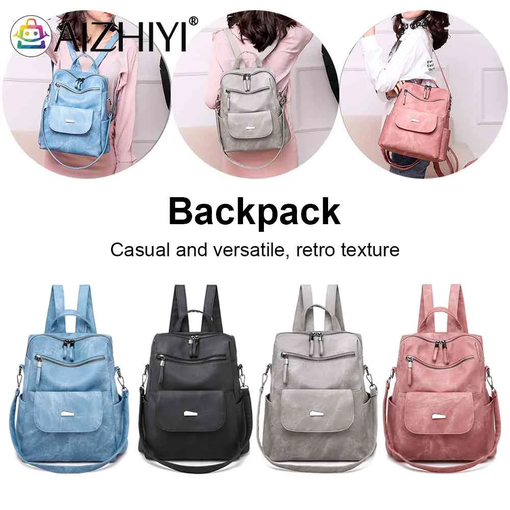 

Vintage Women Shoulder Bag Solid Color Girls Back Pack Multifunctional Adjustable Strap for School Teenagers for Travel