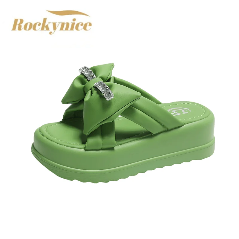 Platform Bowknot Slippers Women Summer Thick Sole Casual Sandals Woman Chunky Flip Flops 5.5CM High Heels Beach Leather Slides