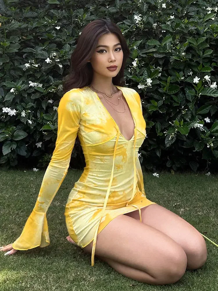 Осень 2023 новый стиль абстрактный принт бандажные мини-платья с рукавами-трубой