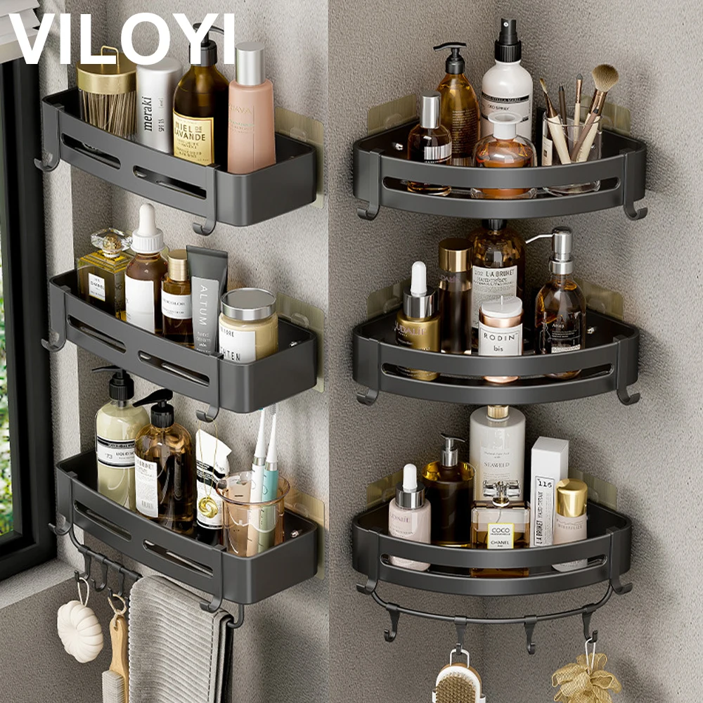 

VILOYI Bathroom Corner Shelves No Drilling Shower Shampoo Storage Racks Wall Mounted Space Aluminum Rustproof Shelf with Hooks