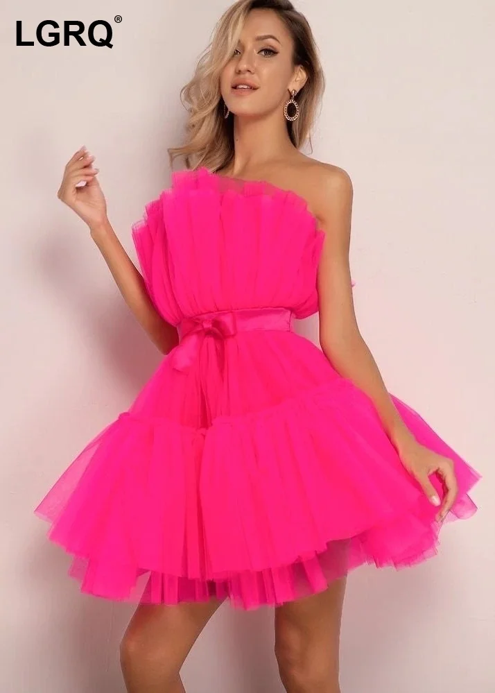 

LGRQ модное элегантное женское платье, новое без бретелек, без рукавов, Сетчатое бальное платье с бантом на талии, платья выше колена, весна 2023 ...