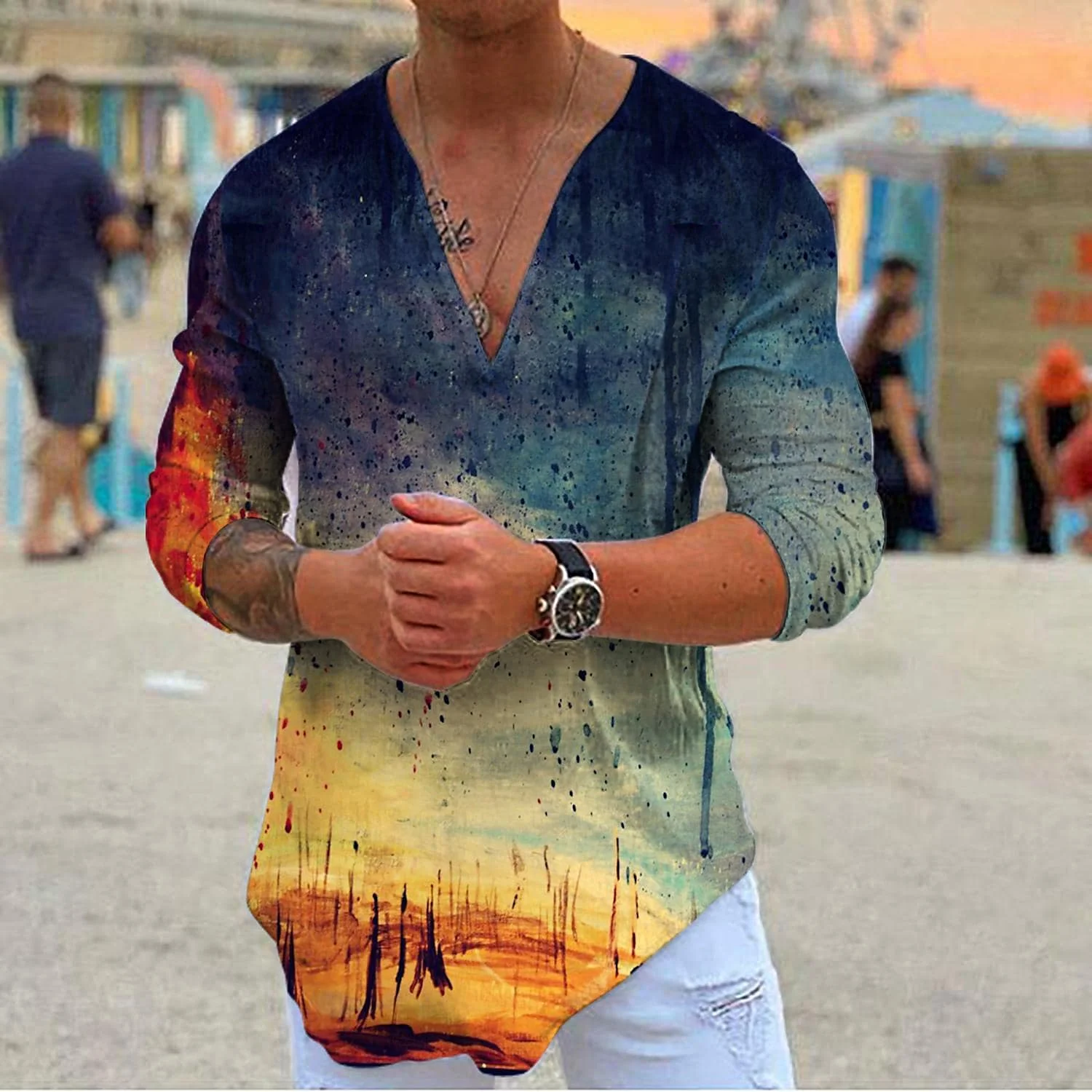 Футболка мужская с 3D принтом модная дышащая Повседневная рубашка прострочкой в