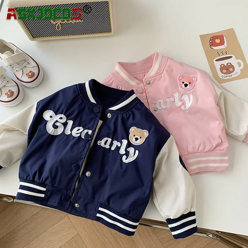 

New In for Autumn 2023 Baseball Uniform 0-6Y Kids Baby Girls Boys Fashion Letter Bear Outwear Coat, Children Single-Breasted