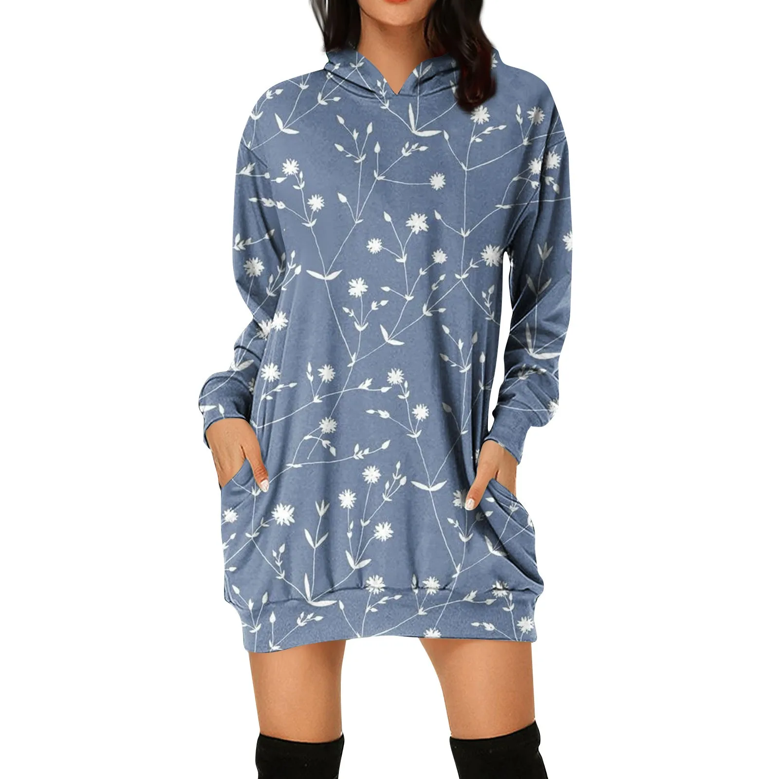 

2023 New Woman Sweatshirt Dress Hoodies Autumn Winter Pullovers Long Sleeve Floral Print Hooded Long-sleeved Hoody Dress