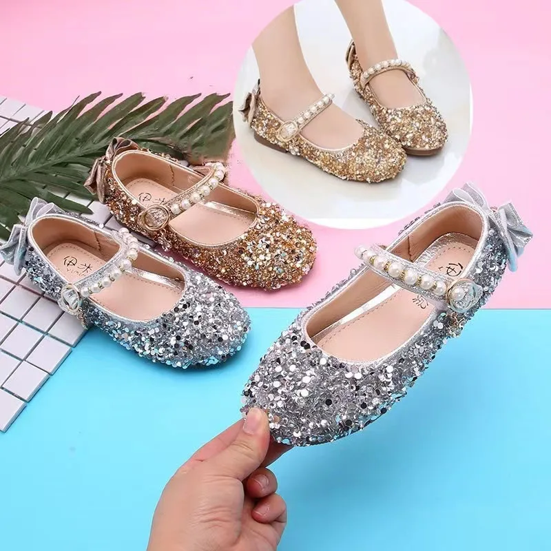 

Туфли детские кожаные на низком каблуке, для школьной вечеринки, парадные туфли, обувь с блестками для первого причастия, F05242