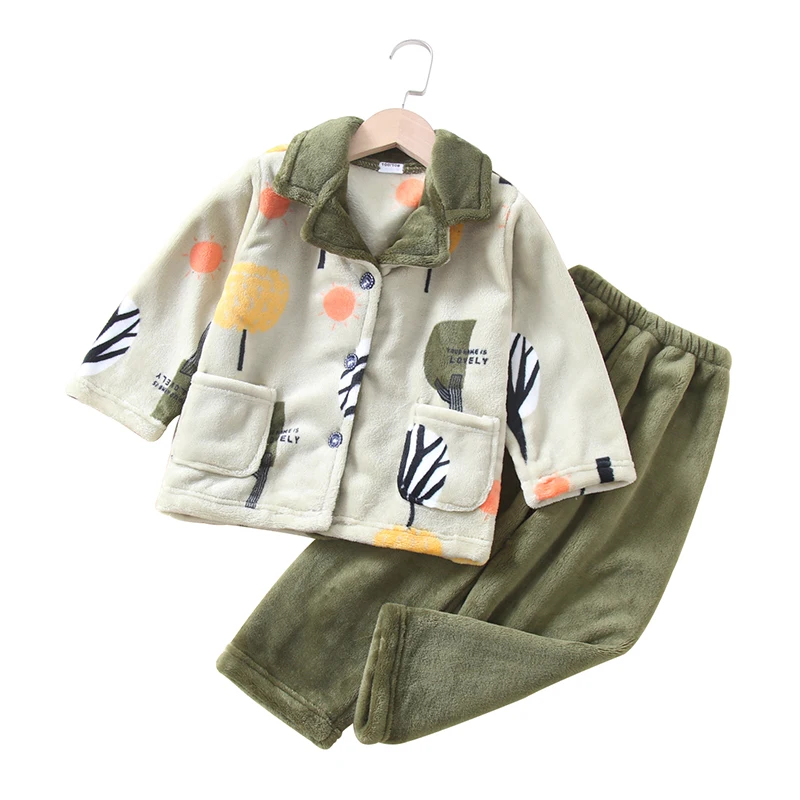 

High Quality Flannel Children Cute Pajamas Licorne Cartoon Animal Print Fleece Warm Home Sleepwear 2 Piece Set Kid Night Clothes