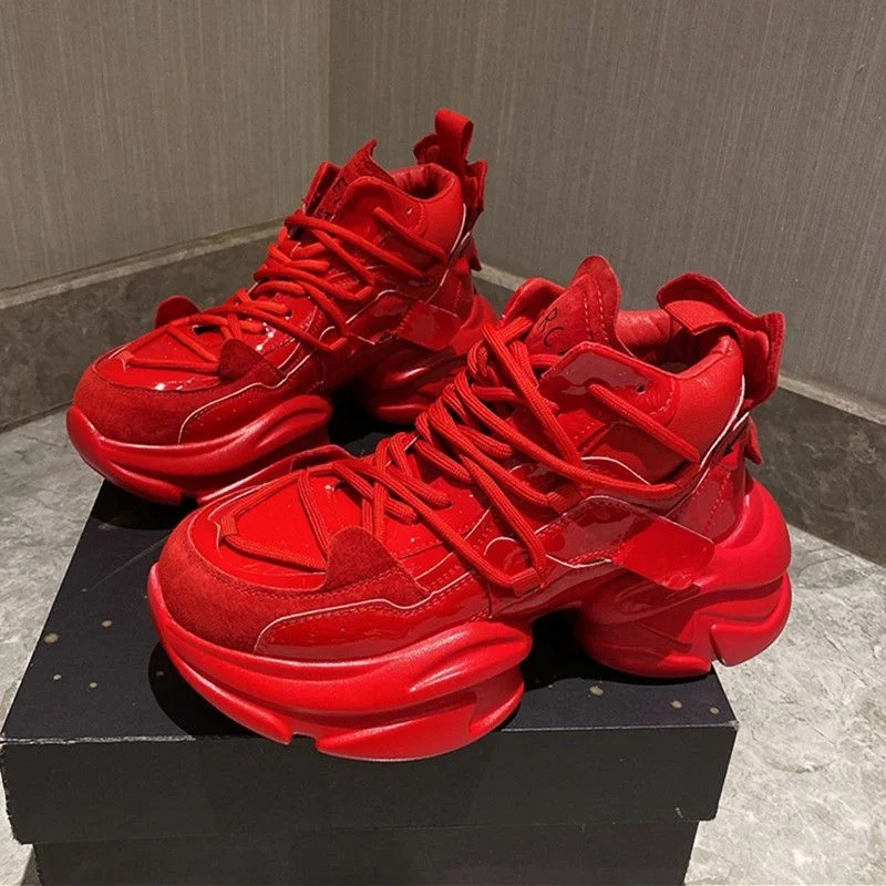 

Дизайнерские кроссовки для женщин, весна 2023, красная лакированная кожа, Женская массивная обувь, спортивные ботинки