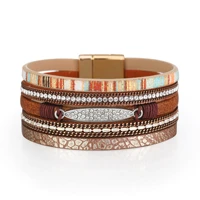 kirykle bohemian multilayer bracelet alloy pendant jewelry vintage pu leather diamond bracelet