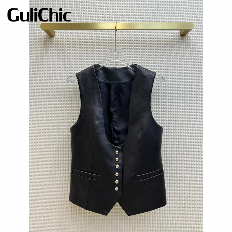 

2.23 GuliChic Women Fashion Round Neck Design Button Pocket Sleeveless Black Sheepskin Vest
