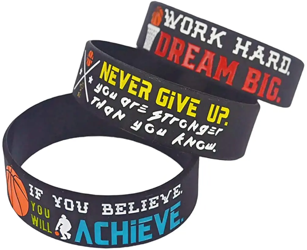 

(12-pack) Basketball Silicone Wristbands Bracelets with Motivational Quotes - for Basketball Party Favors Awards, Width 3/4 inch