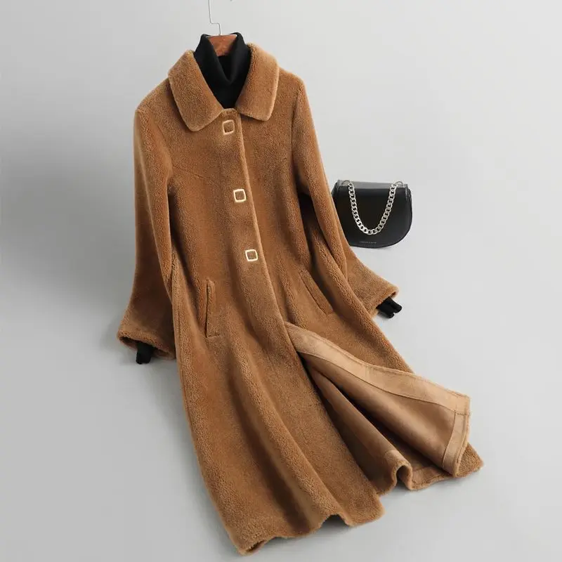 Winter Loose Mid Long Sheep Shearing Jackets Female Clothing New Solid Real Fur Coat Women Wool Outwears Parkas Ladies Tops Red