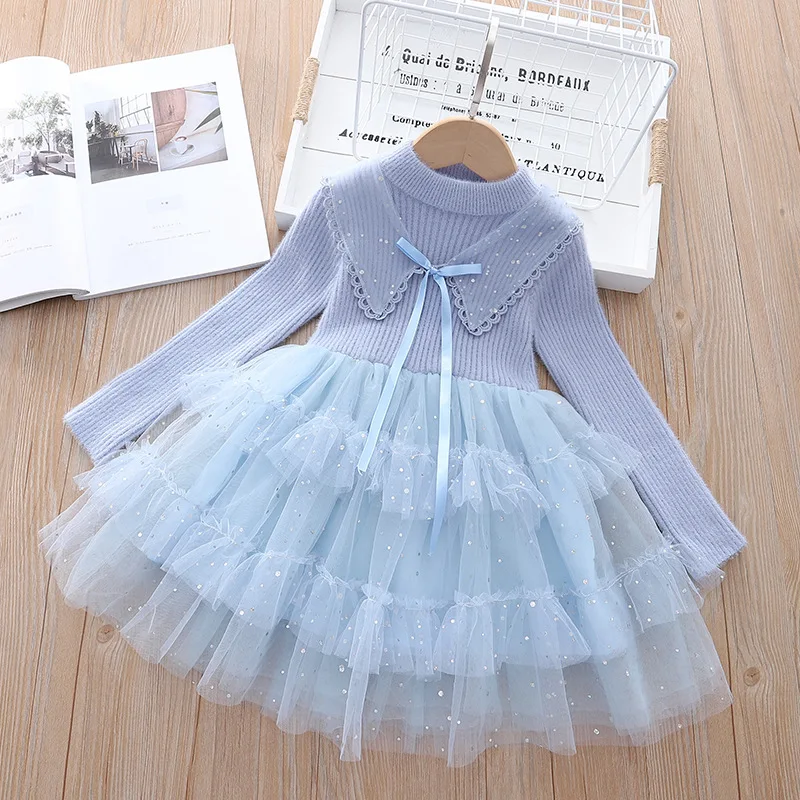 

Girls Cute Pink Blue Cake Dress Autumn Winter Kids Mesh Patchwork Knitted Princess Dresses 2-6Y Children Birthday Party Clothes