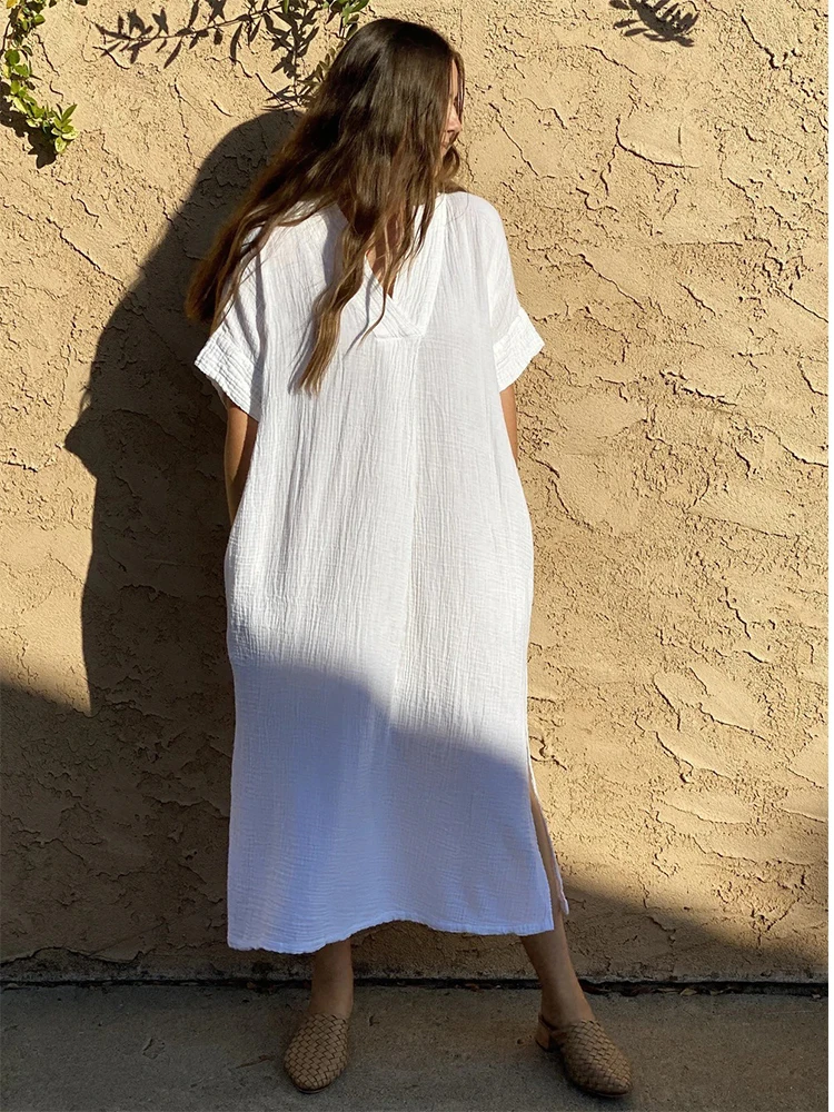 

Vintage Eleagnt White Dress for Women Summer Beach Cover Ups Solid Kaftans V Neck Short Sleeve Bohemian Maxi Dresses Oversized