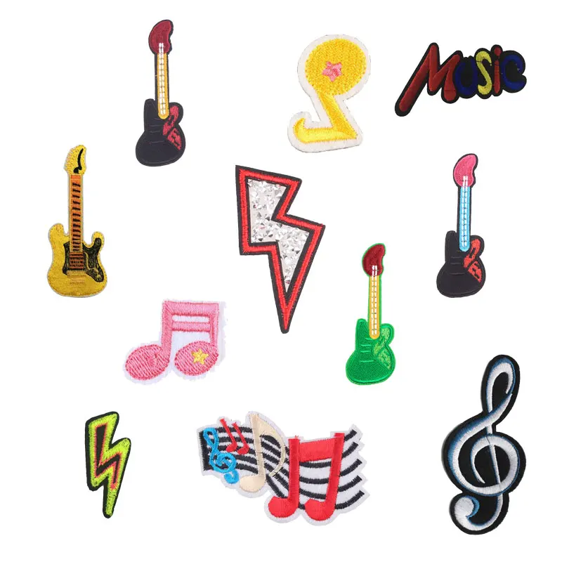 

Music Guitar Note Patches Stickers Iron on Clothes Heat Transfer Applique DIY Embroidered Applications Cloth Fabric Sequin Patch