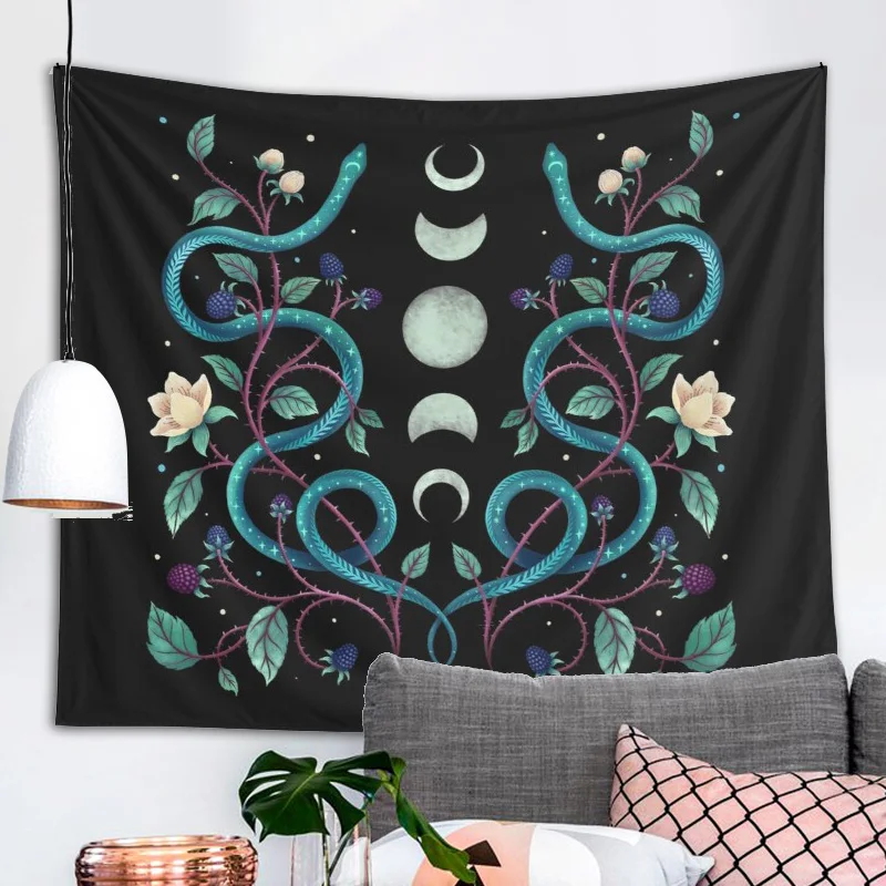 

Serpent Moon Tapestry Wall Hanging moon phase plant flowers Aesthetics psychedelic tapestries Carpets Dorm home Decor cloth