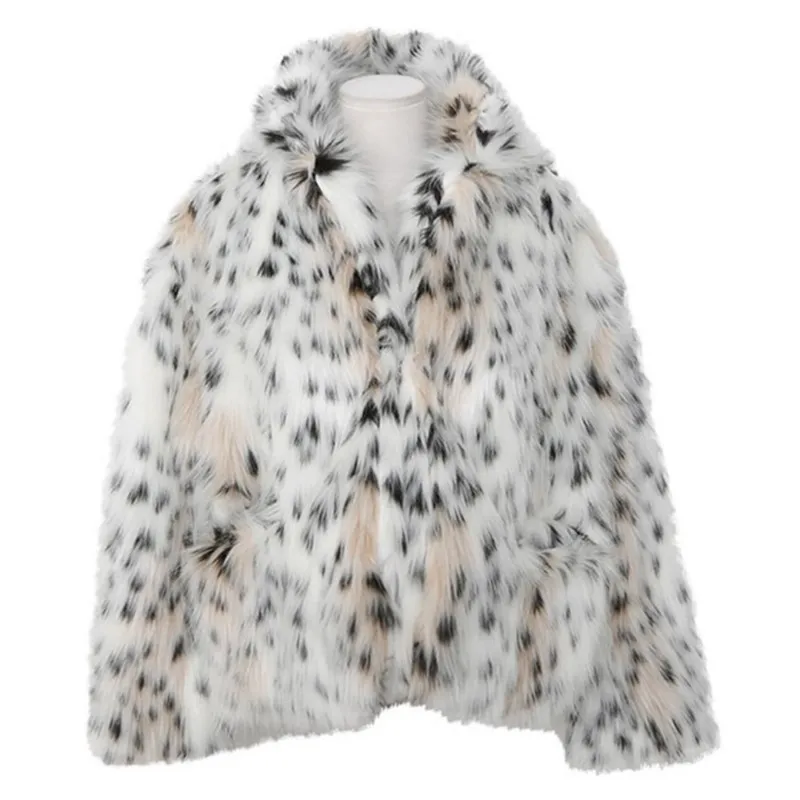 Notched Collar Hairy Shaggy Tuscan Cat Leopard Fur Jacket Long Sleeve Furry Fur Women Jacket Short Outerwear Faux Fur Winter