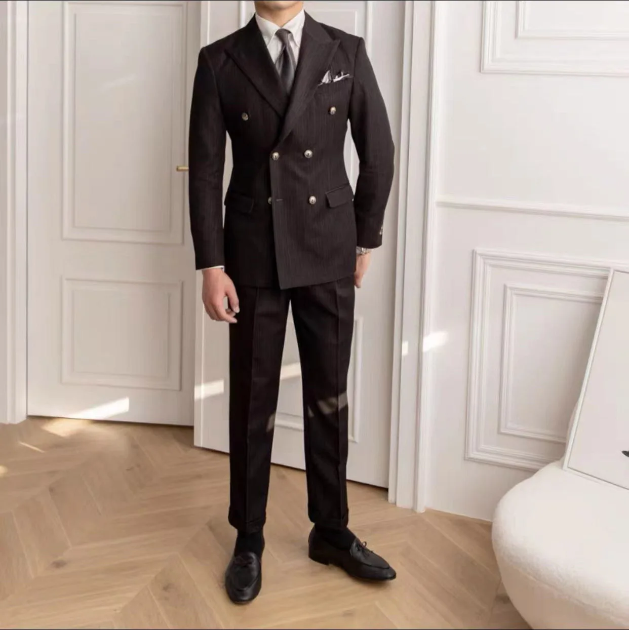 Men's Striped Lapel Collar Suit British Style Modern Blazer 3 Piece Men's Suit (Jacket + Pants + Vest)