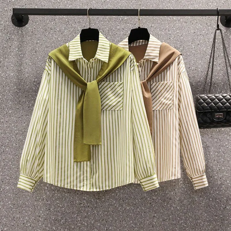 

Korean Striped Shirt Women 2023 Autumn New Fake Two Piece Shawl Top Casual Loose Long Sleeve Patchwork Women's Blouse