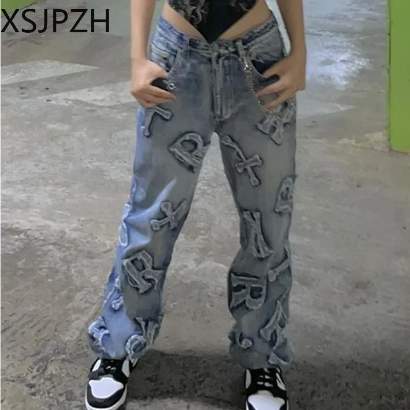 

Xsjpzh Y2K Streetwear Patchwork Women's Jeans 90s Vintage Baggy Straight Cargo Pants Punk High Waist Wide Leg Denim Trousers