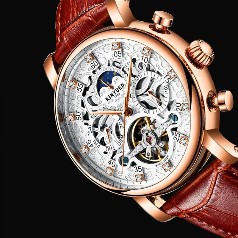

KINYUED Tourbillon Skeleton Watches Men Mechanical Automatic Wristwatch 3ATM Waterproof Watch Moon Phase Reloj Hombre