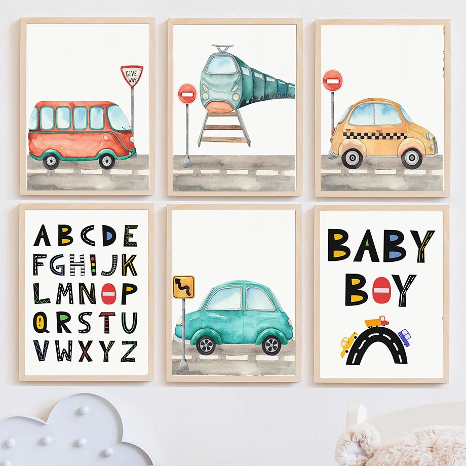 Автомобиль поезд грузовик Алфавит номера дома питомник стены искусства холст