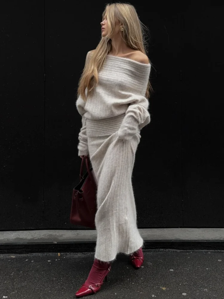 Элегантный однотонный костюм-свитер с длинными рукавами модная трикотажная юбка