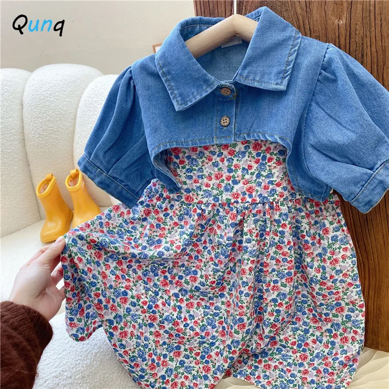 

Qunq Summer New Girl's Denim Shawl Top + Floral Slip Dress Two Piece Set Trend Casual Cute Birthday Party Kids Clothes Age 3T-8T