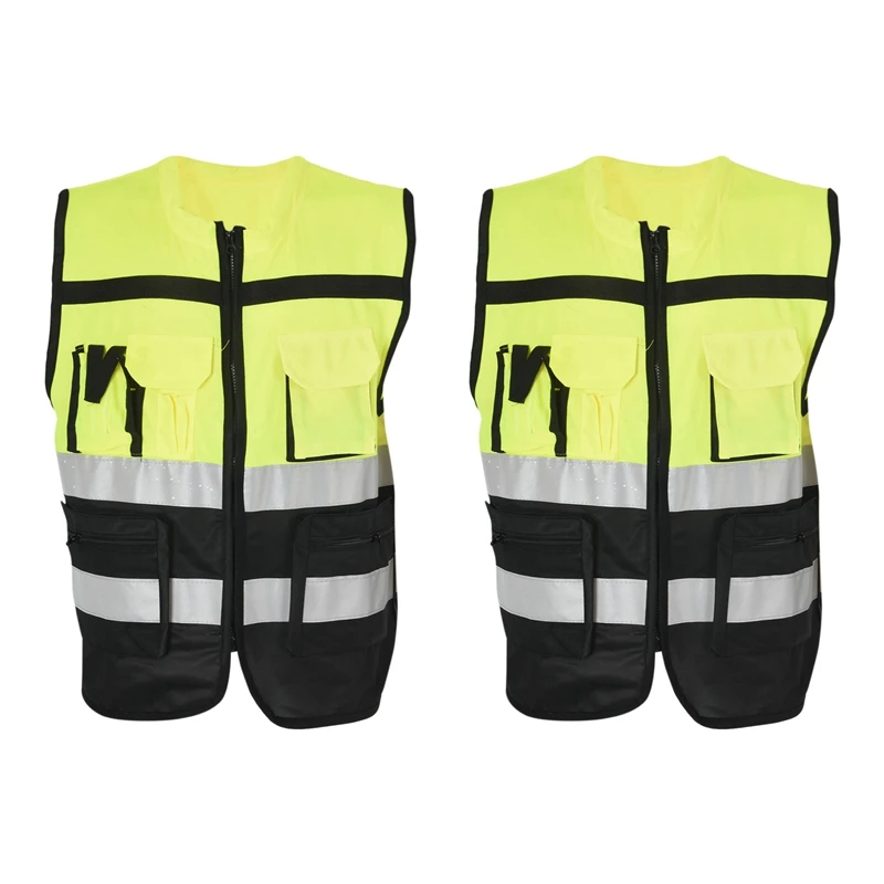 

2X 7 Pockets Class 2 High Visibility Zipper Front Safet Yellow Vest With Reflective Strips.Ansi/Isea Standards (Large)
